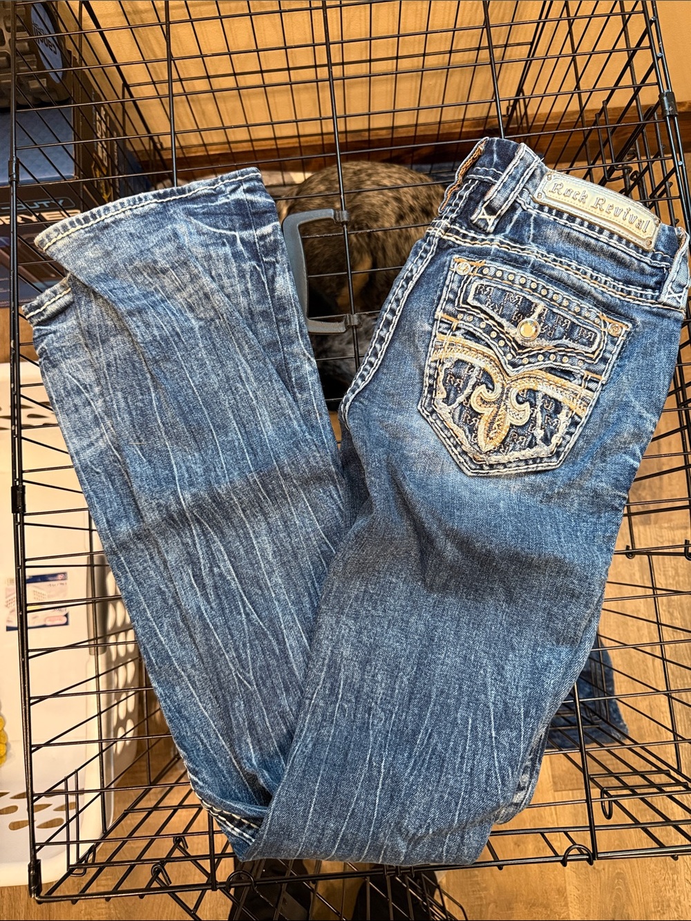 Rock Revival Women's Distressed Blue Bootcut Jeans with Embroidered Back Pockets